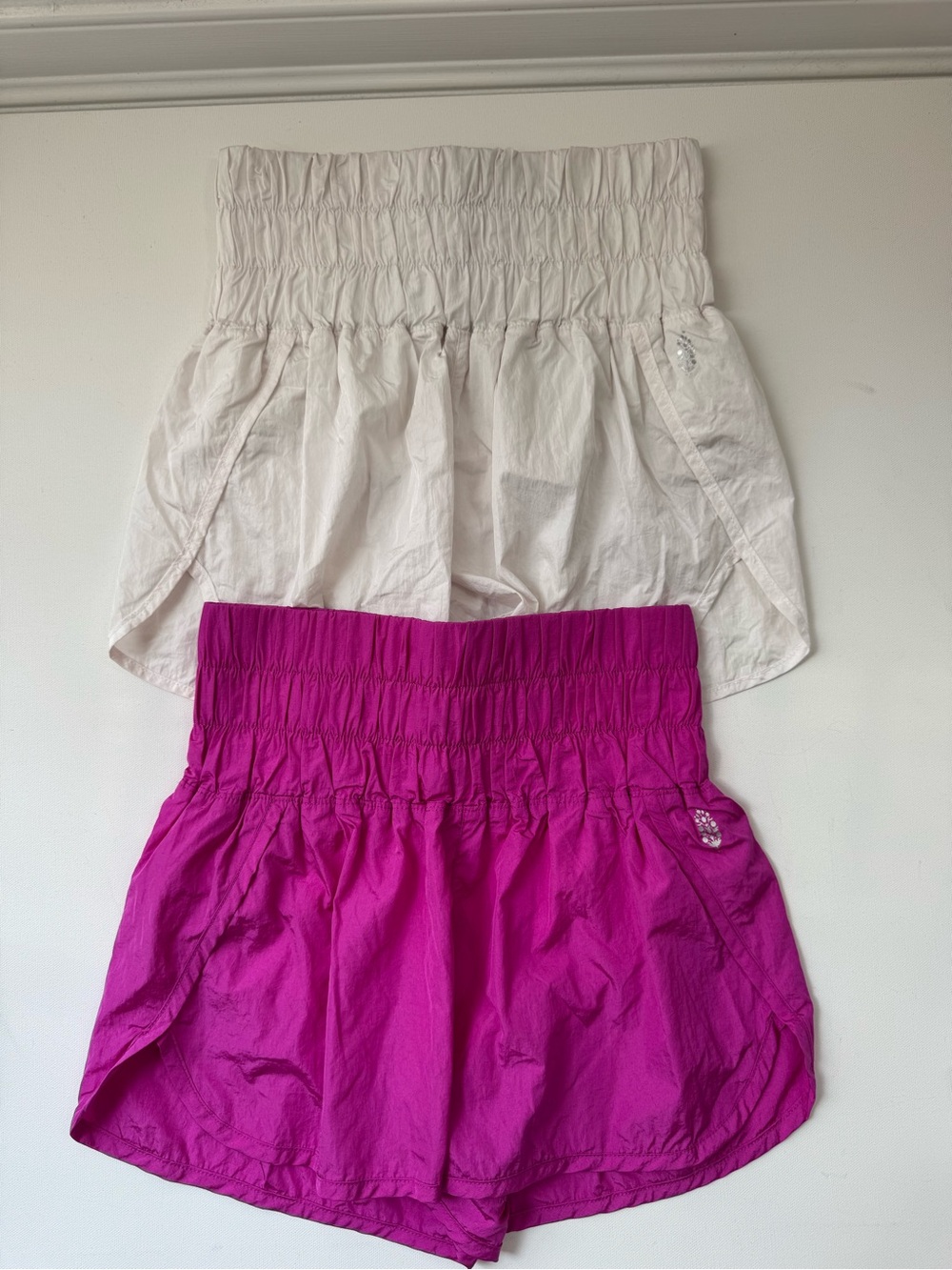 Free People Movement High Rise Smocked Running Shorts | White & Pink | Size S